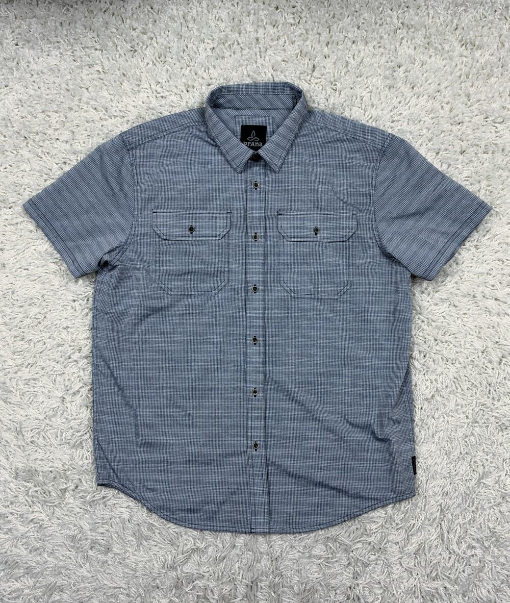 prAna Shirt Mens Medium Gray Check Short Sleeve Button Up Hiking Outdoor Pockets
